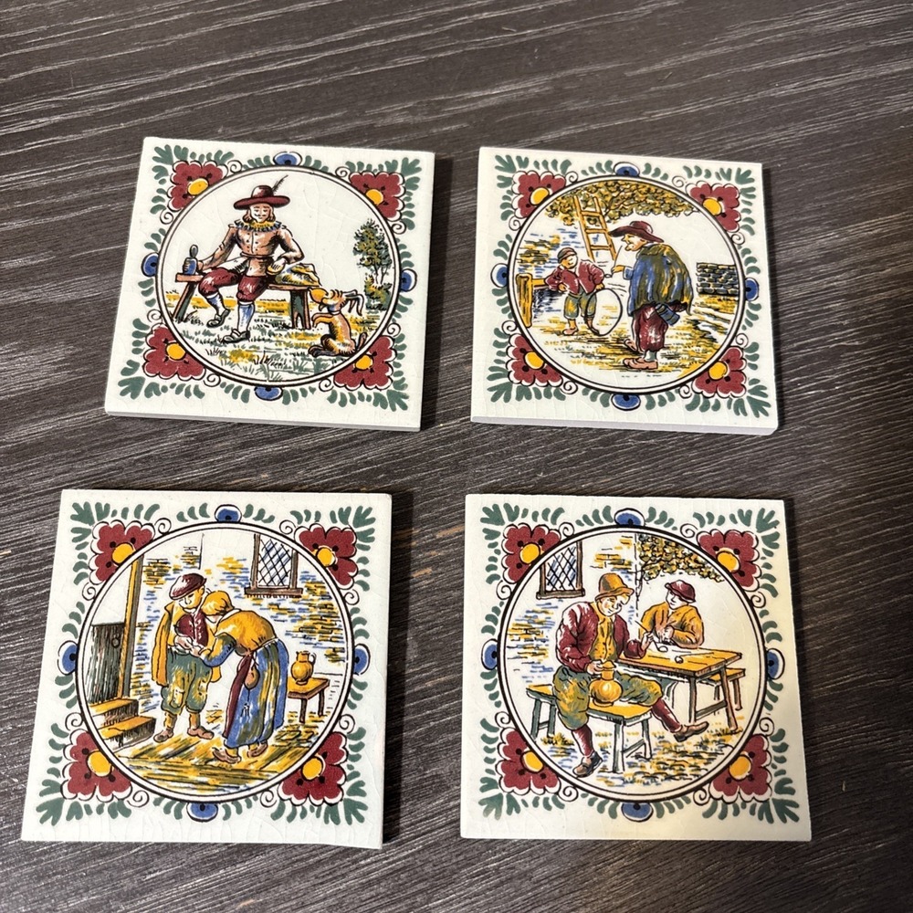 Vintage Colored Mosa Holland Decorative Woodmen Tiles, Set of 4‎ 3x3